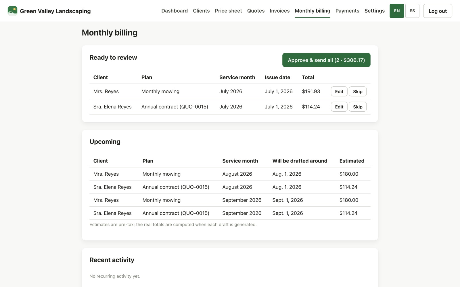 Facturo monthly billing screen: July drafts for two clients waiting in a review queue with edit and skip buttons, plus an approve-and-send-all button totaling $306.17, and upcoming months listed below