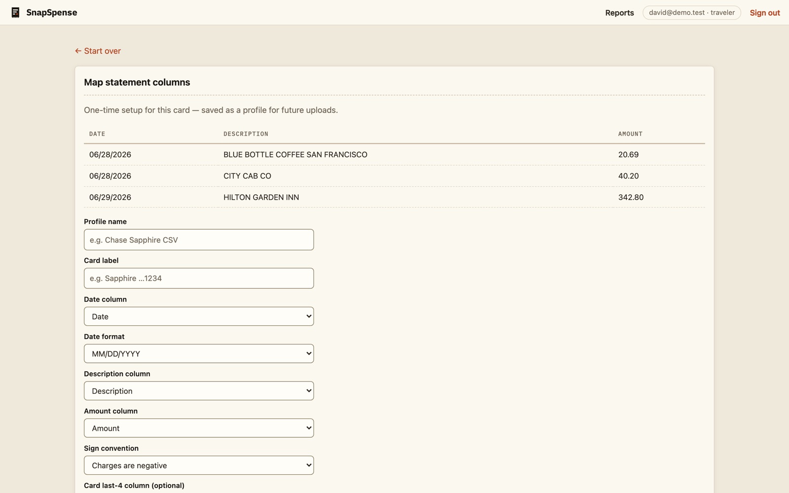 SnapSpense statement column-mapping wizard showing a preview of the uploaded CSV and dropdowns for date, description, and amount columns, pre-filled by smart guessing